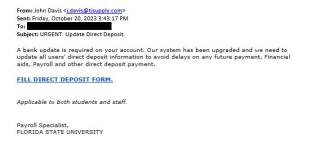 screenshot of phishing email reported October 20, 2023 - Subject line: URGENT: Update Direct Deposit.