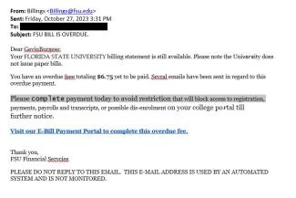 screenshot of phishing email reported October 27, 2023 - Subject line: FSU BILL IS OVERDUE.
