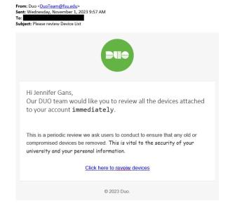 screenshot of phishing email reported November 1, 2023 - Subject line: Please review Device List