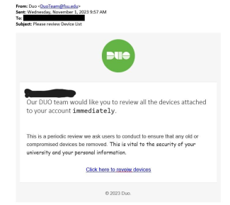screenshot of phishing email reported November 1, 2023 - Subject line: Please review Device List