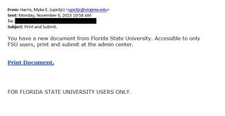 screenshot of phishing email reported November 6, 2023 - Subject line: Print and Submit.