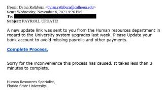 screenshot of phishing email reported November 8, 2023 - Subject line: PAYROLL UPDATE!