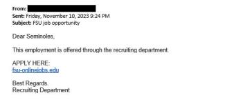 screenshot of phishing email reported November 10, 2023 - Subject line: FSU job opportunity