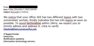 screenshot of phishing email reported December 1, 2023 - Subject line: Microsoft on Outlook