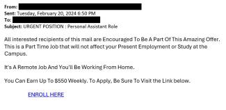 screenshot of phishing email reported February 20, 2024 - Subject line: URGENT POSITION :Personal Assistant Role