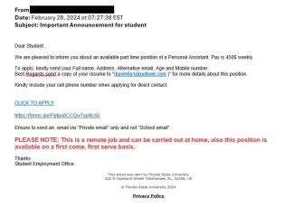 screenshot of phishing email reported February 28, 2024 - Subject line: Important Announcement for student