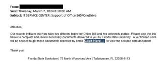 screenshot of phishing email reported March 7, 2024 - Subject line: IT SERVICE CENTER: Support of Office 365/OneDrive