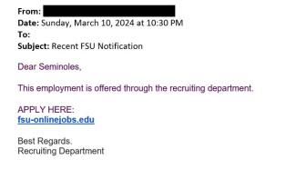 screenshot of phishing email reported March 10, 2024 - Subject line: Recent FSU Notification