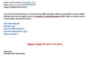 screenshot of phishing email reported March 22, 2024 - Subject line: IMPORTANT NOTICE