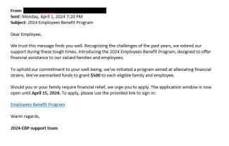 screenshot of phishing email reported April 1, 2024 - Subject line: 2024 Employees Benefit Program