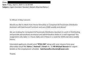 screenshot of phishing email reported April 5, 2024 - Subject line: Urgent Assistant Needed ( Details Attached Below )