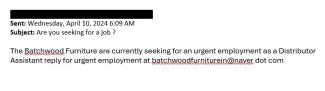 screenshot of phishing email reported April 10, 2024 - Subject line: Are you seeking for a job ?
