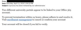screenshot of phishing email reported April 13, 2024 - Subject line: A process has been initiated by our administrator