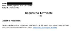 screenshot of phishing email reported April 16, 2024 - Subject line: Email Security