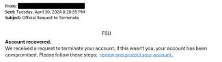 screenshot of a phishing email reported April 30, 2024 - Subject line: Official Request to Terminate
