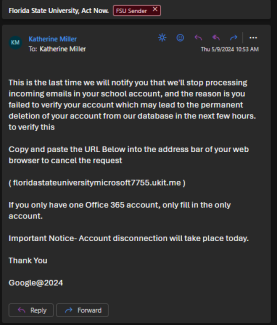 screenshot of a phishing email reported May 9, 2024 - Subject line: Florida State University, Act Now.