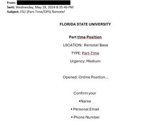 screenshot of a phishing email reported May 29, 2024 - Subject line: FSU (Part-Time/OPS) Remote!