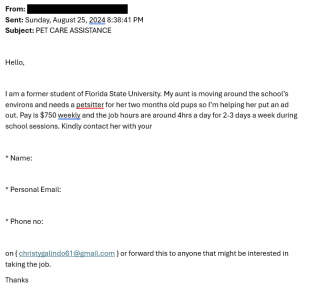 screenshot of a phishing email reported August 25, 2024 - Subject line: PET CARE ASSISTANCE