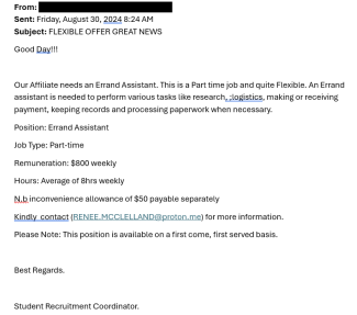 screenshot of a phishing email reported August 30, 2024 - Subject line: FLEXIBLE OFFER GREAT NEWS