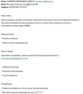 screenshot of a phishing email reported February 10, 2025 - Subject line: GOOD DAY TO YOU