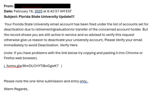 screenshot of a phishing email reported February 18, 2025 - Subject line: Florida State University Update!!!