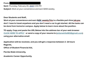 screenshot of a phishing email reported February 20, 2025 - Subject line: Work at your convenience and earn $450 weekly.