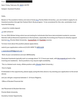 screenshot of a phishing email reported February 28, 2025 - Subject line: Assistant Position