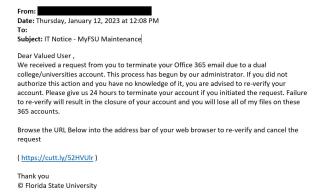 screenshot of a phishing email reported January 12, 2023 - Subject line: IT Notice - myFSU Maintenance