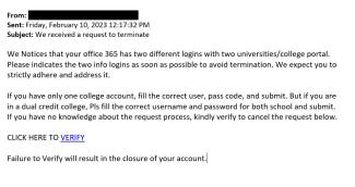 screenshot of a phishing email reported February 10, 2023 - Subject line: We received a request to terminate