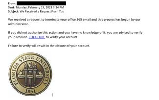 screenshot of a phishing email reported February 13, 2023 - Subject line: We Received a Request From You