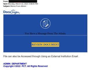 screenshot of a phishing email reported March 13, 2023 - Subject line: Memo from Admin