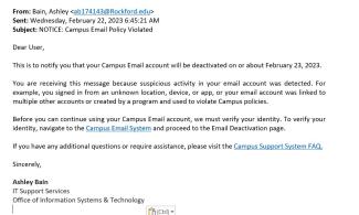 screenshot of a phishing email reported February 22, 2023 - Subject line: NOTICE: Campus Email Policy Violated
