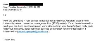 screenshot of a phishing email reported January 24, 2023 - Subject line: INTERNSHIP