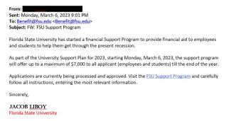 screenshot of a phishing email reported March 6, 2023 - Subject line: FW: FSU Support Program