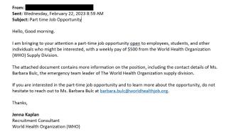 screenshot of a phishing email reported February 22, 2023 - Subject line: Part Time Job Opportunity