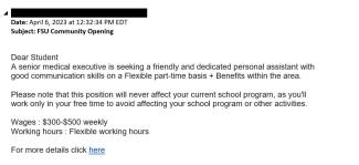 screenshot of a phishing email reported April 6, 2023 - Subject line: FSU Community Opening