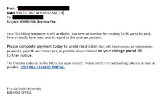 screenshot of a phishing email reported May 13, 2023 - Subject line: WARNING: Overdue Fee.