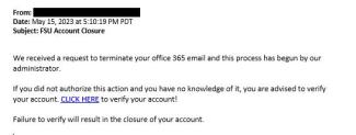 screenshot of a phishing email reported May 15, 2023 - Subject line: FSU Account Closure