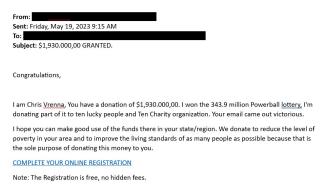 screenshot of a phishing email reported May 19, 2023 - Subject line: $1,930.000,00 GRANTED.
