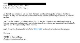 screenshot of a phishing email reported May 22, 2023 - Subject line: Employee Benefits Program